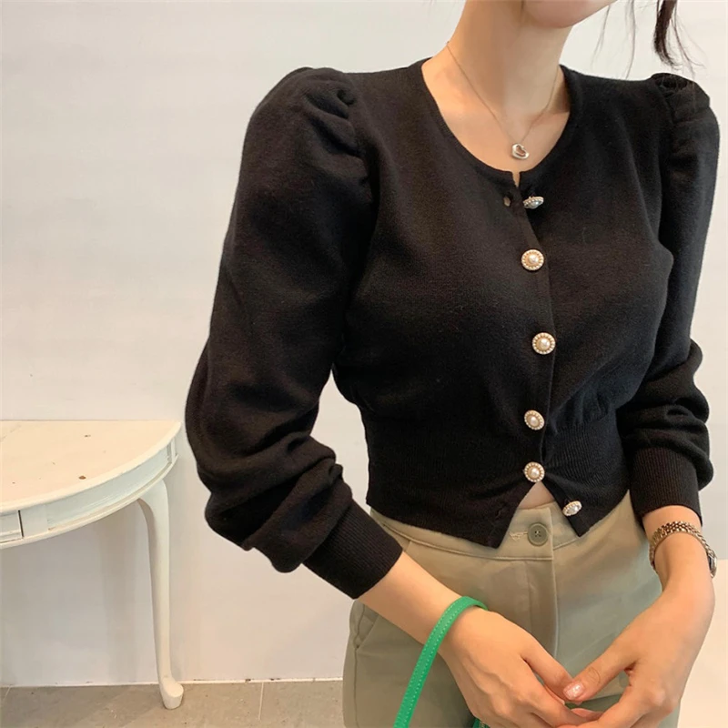 

Women Knit Sweater Jackets Fall Winter Sweet O-neck Pearl Button Cardigans For Women Elegance Solid Color Warm Knitted Outwear