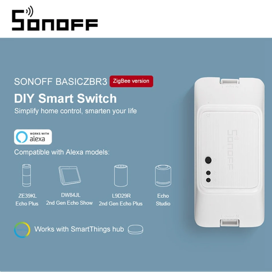 Умный переключатель SONOFF BASICZBR3 управляемый через приложение SmartThing работает с