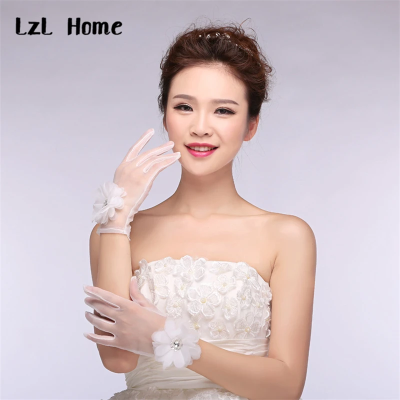 LzL Home Short bride gloves woman gloves flower ivory/red gauze translucent wedding summer ladies