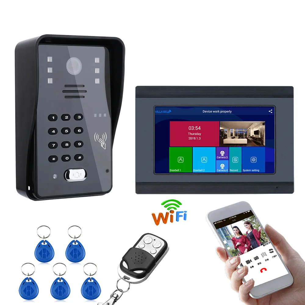 7inch Wired/Wireless Wifi RFID Video Door Phone Doorbell Intercom Entry System with 1000TVL Rainproof Night Vision Wired Camera