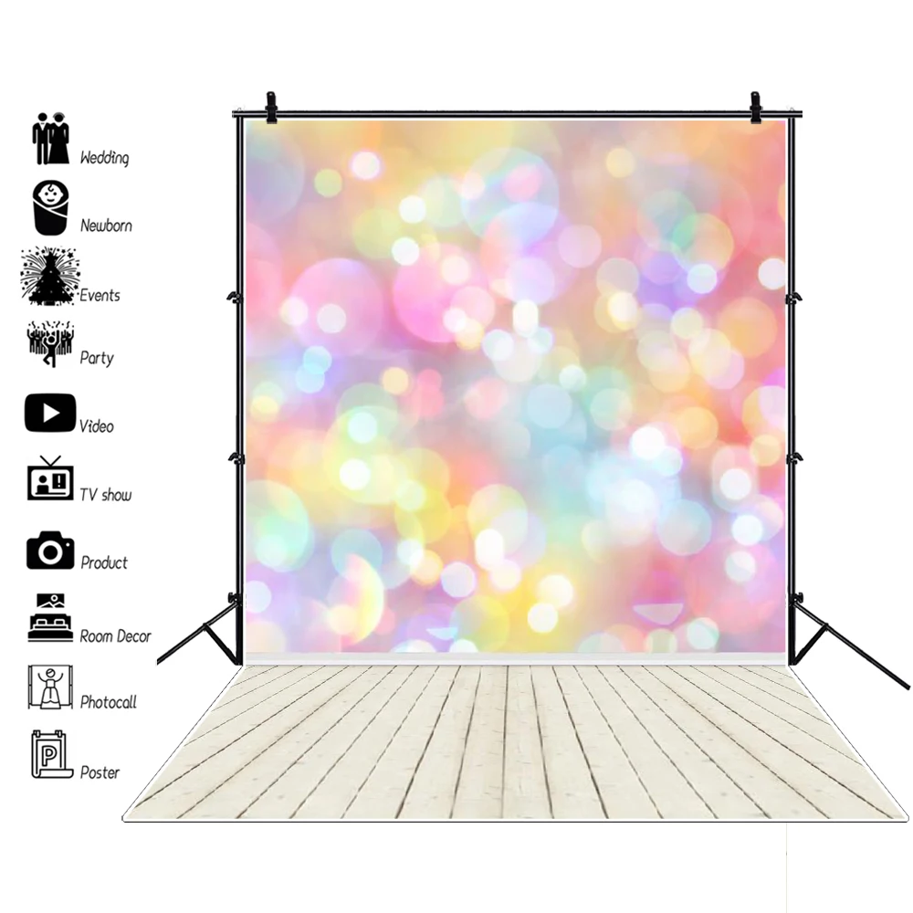 

Laeacco Colorful Polka Dot Light Bokeh Party Baby Newborn Wood Floor Portrait Photo Background Photography Backdrop Photo Studio