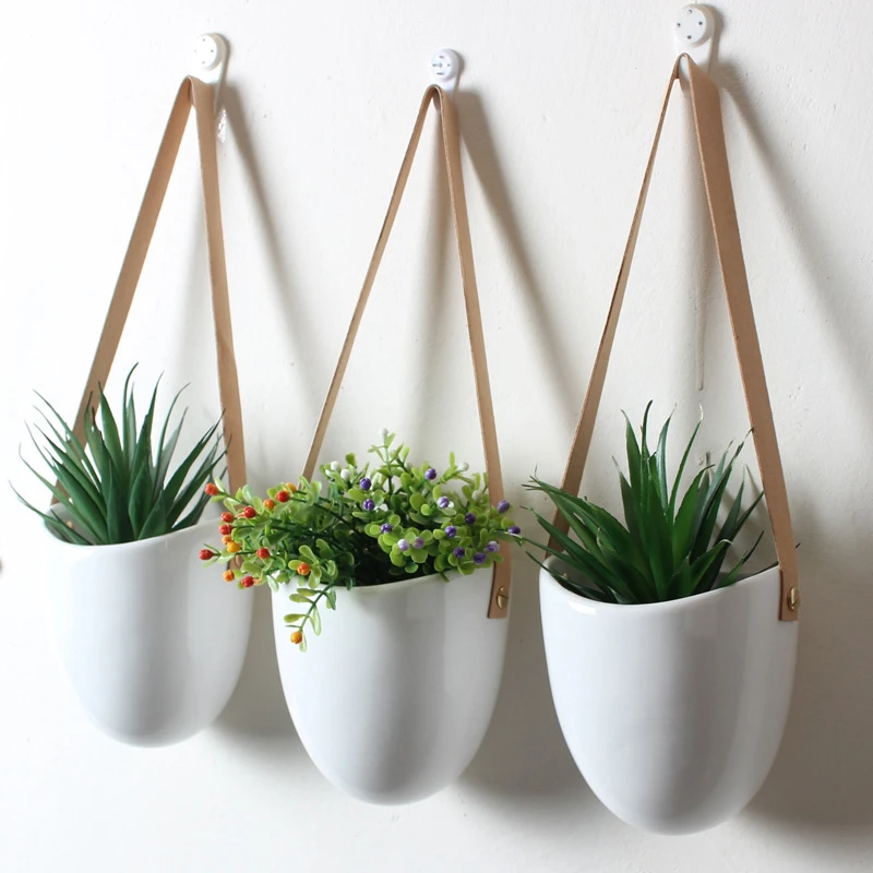 Set Of 3 Ceramic Hanging Planters Succulent Air Plants Flower Pots With Leather Strap Wall Hanging Wall Decoration Flowerpot Flower Pots Planters Aliexpress