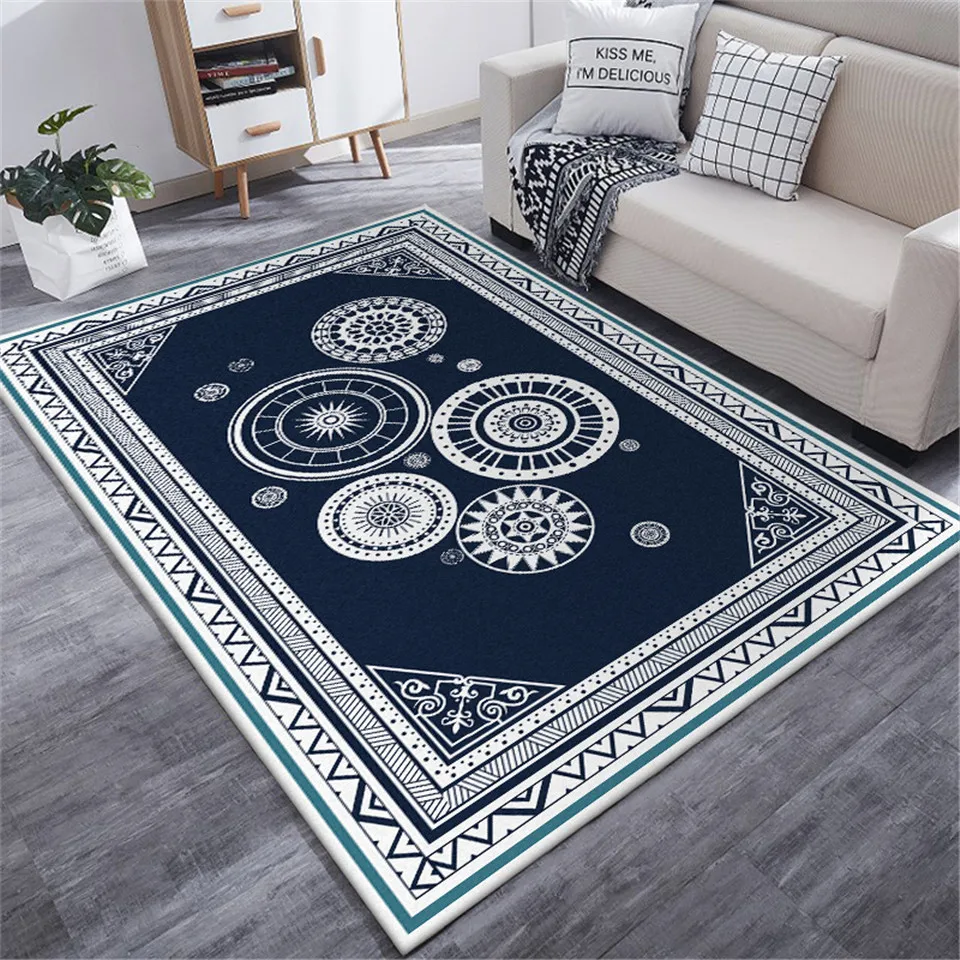 Сине-белый ковер в этническом стиле, большой геометрический диск, коврик для гостиной, кухни, коврик для декора спальни, напольные коврики