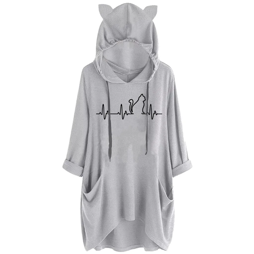 2019 плюс размер Осенняя модная блуза с карманом и принтом кота Повседневная