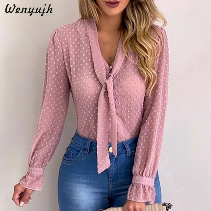 

WENYUJH Sexy Women Chiffon Blouse Tee Shirt Casual Long Sleeve Shirts Bow Tie V Neck Fashion Summer Basic Tops Plus Size Blusas