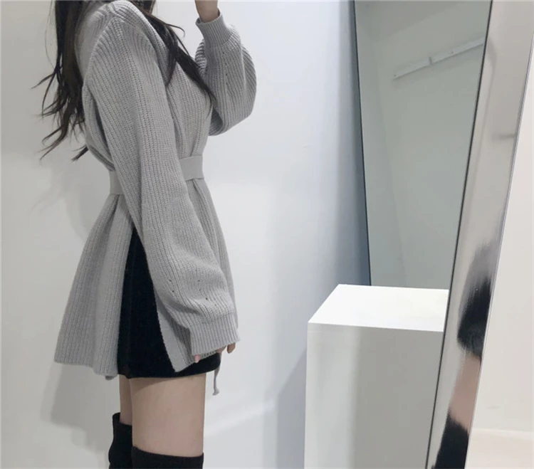 Woherb осенний вязаный корейский женский свитер винтажный пуловер с рукавами-фонариками сексуальный раздельный боковой пояс-бандаж водолазка джемпер