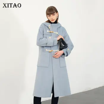 

XITAO Horn Button Casual Blends Women Winter Tide Fashion New Style Hooded Collar Long Sleeve Pocket Wide Waisted Coat ZY2199