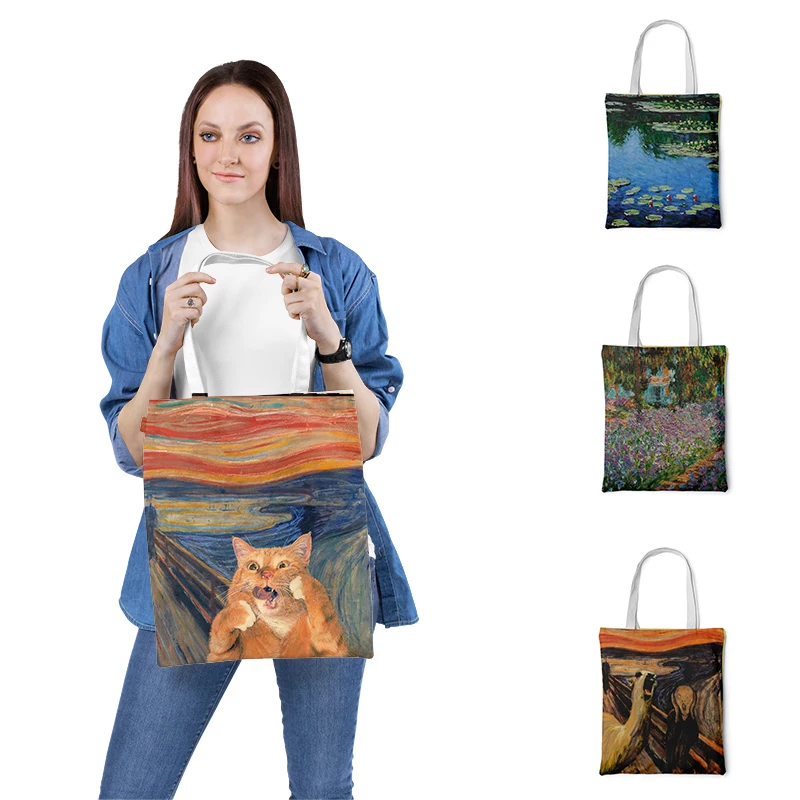 Funny Reusable Shopping Bag Fashion Women Canvas Tote Bags Oil Printing Eco Bag Cartoon Shopper Shoulder Bags For Female