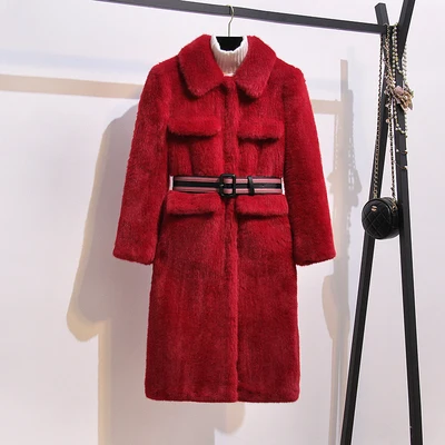 Top Quality Winter Women Fur Coat Covered Button Furry Faux Fur Coats Women's Long Loose Soft Rabbit Fur Overcoat Free Belt - Цвет: red