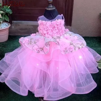 

Pink Ball Gown Flower Girl Dresses With Lace Appliques Bow Beads Layered Girls Pageant Dress Kids Little Girls Party Vestidos