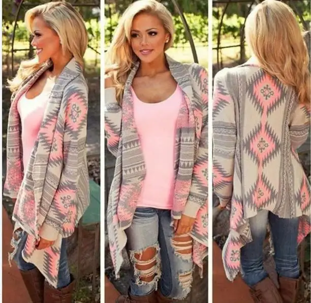 

2019 Fashion Winter Cardigan Women Long Sleeve Poncho Sweaters Print Irregular Sexy Lady Warm Knitted Cardigan Tops