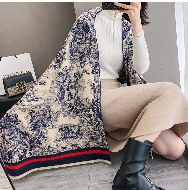 Style 2 blue Шаль Роскошная Bufanda зимний женский цветочный матовый кашемировый шарф chal теплая шаль двухсторонняя большая Пашмина путешествия одеяло обертывания - Цвет: Style 2 blue