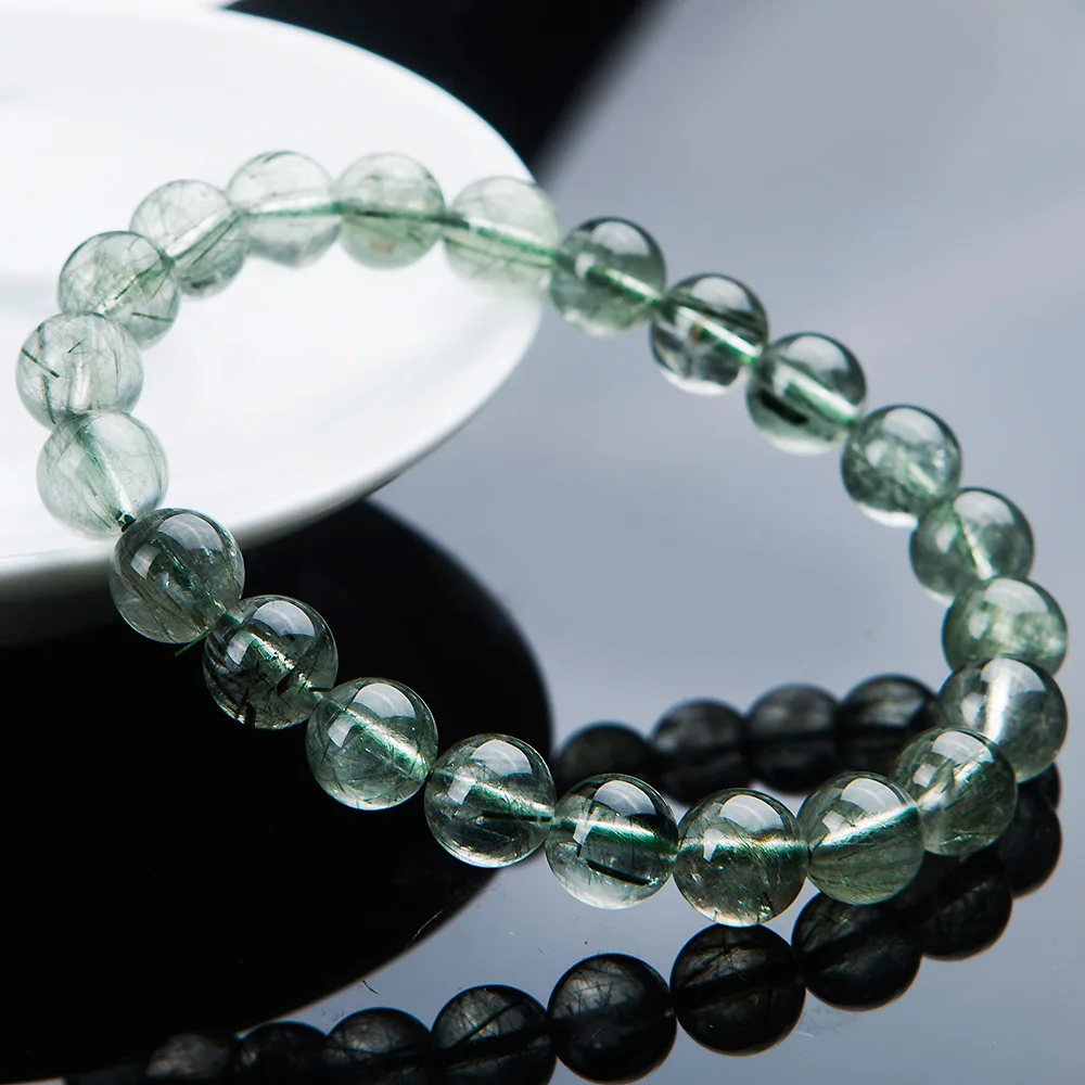 Genuine Brazil Natural Green Rutilated Quartz Gemstone Bracelet 12mm For Women Female Stretch Crystal Round Bead Bracelet AAAAA