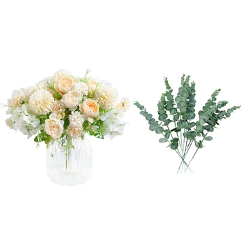 

Artificial Flowers 2 Packs (Champagne and White) with 20Pcs Green Simulation Eucalipto Artificial Plants
