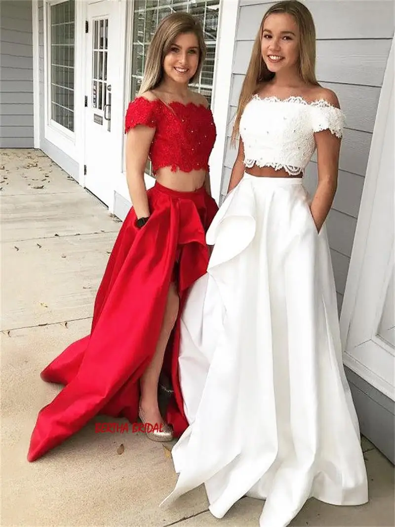 Белый Атласное платье для выпускного вечера из двух частей, кружевное платье с бусинами и топом для свадьбы, вечернее платье с открытыми плечами, vestidos De Fiesta De Noche - Цвет: Белый