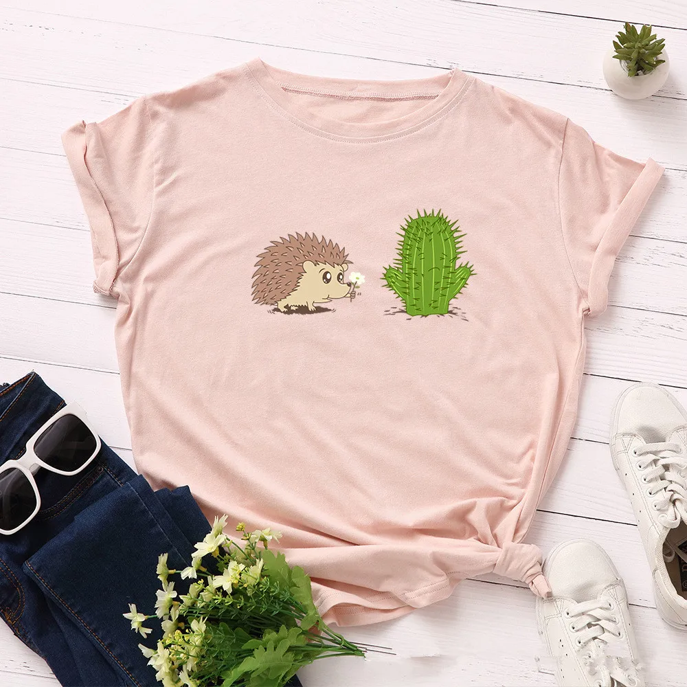 

2020 Summer Kawaii Cartoon T shirt Harajuku Hedgehog Cactus Women Funny Tops Plus Size Animal Pattern Print Tee T-shirt New