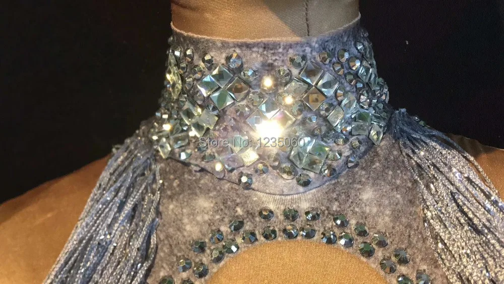 Sparkly Rhinestones Tassel Leotard Nightclub Dance DS Show Stage Wear Stretch Bodysuit Party Female Singer Outfit Girl clothing