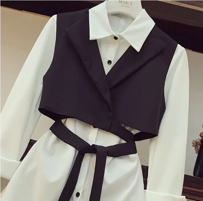 Осенняя Женская белая рубашка с длинными рукавами+ маленький жилет с галстуком-бабочкой+ шорты с высокой талией комплект из 3 предметов, женские шорты