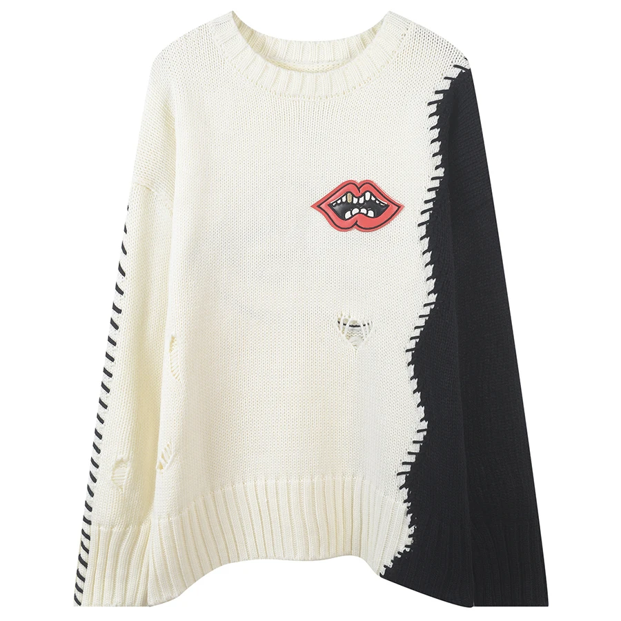 Осень-зима, черный, белый, хит, цветной женский свитер, с аппликацией, с дырками, Модный пуловер, вязаный, Повседневный свитер - Цвет: white