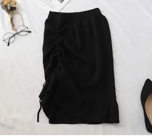 black skirts Мини кружевные сексуальные бандажные женские юбки эластичная высокая талия Корейская осень Faldas Cortas женские гофрированные трикотажные юбки - Цвет: black skirts