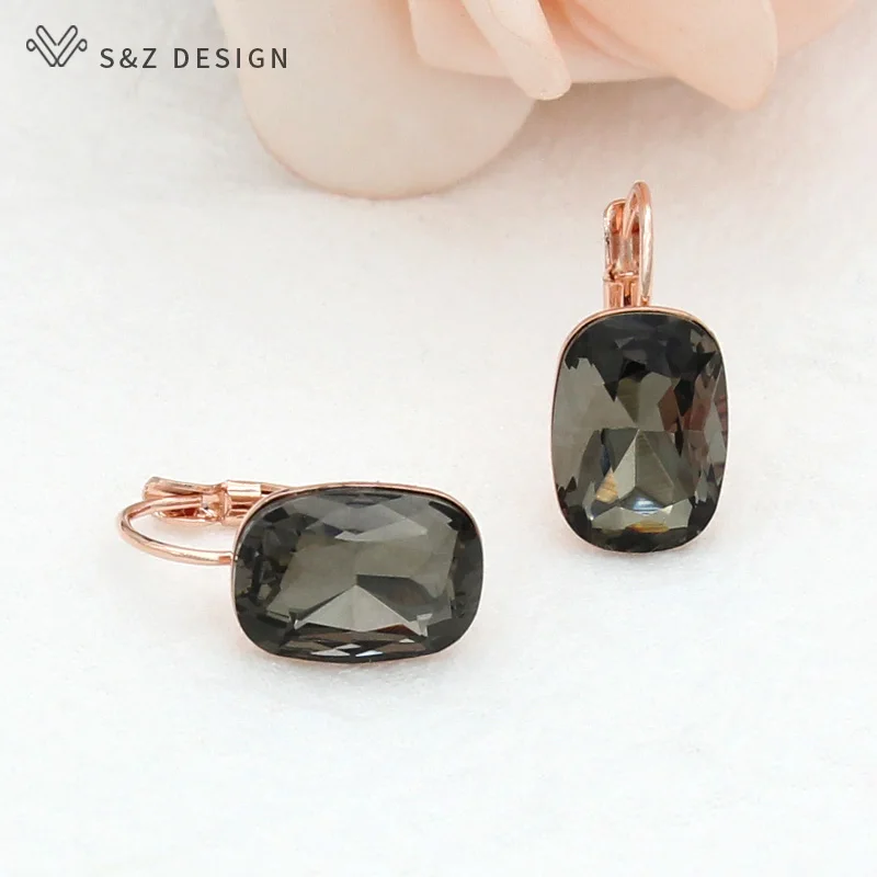 S&Z DESIGN Elegant 585 Rose Gold Color Square Crystal Dangle Earrings For Women Wedding Party Fashion Jewelry