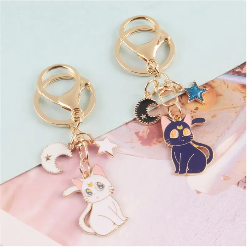 Star Moon Luna Cat Keychain Childhood Anime Jewelry Keyrings Cartoon Pendant Key Buckle Car Bags Keyholder llavero Trinket