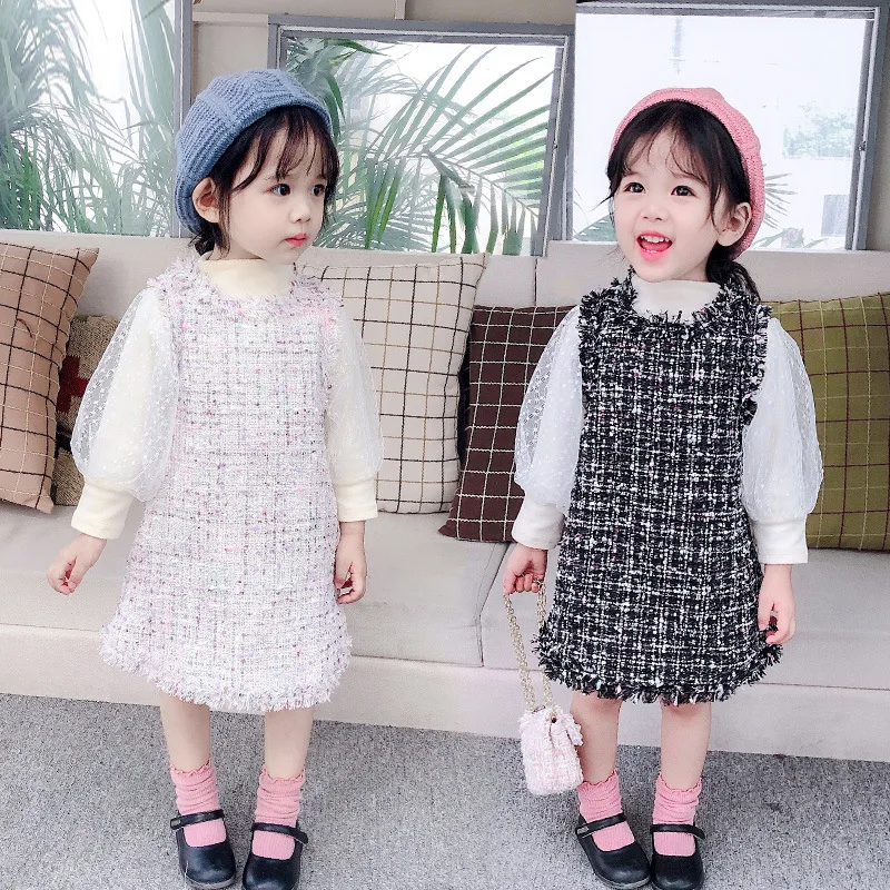 

2PCS/Set Spring Toddler Kids Baby Girl Clothes Puff Sleeve Shirt Tops +Plaid Sleeveless Skirts Outfits Children Clothes NEW