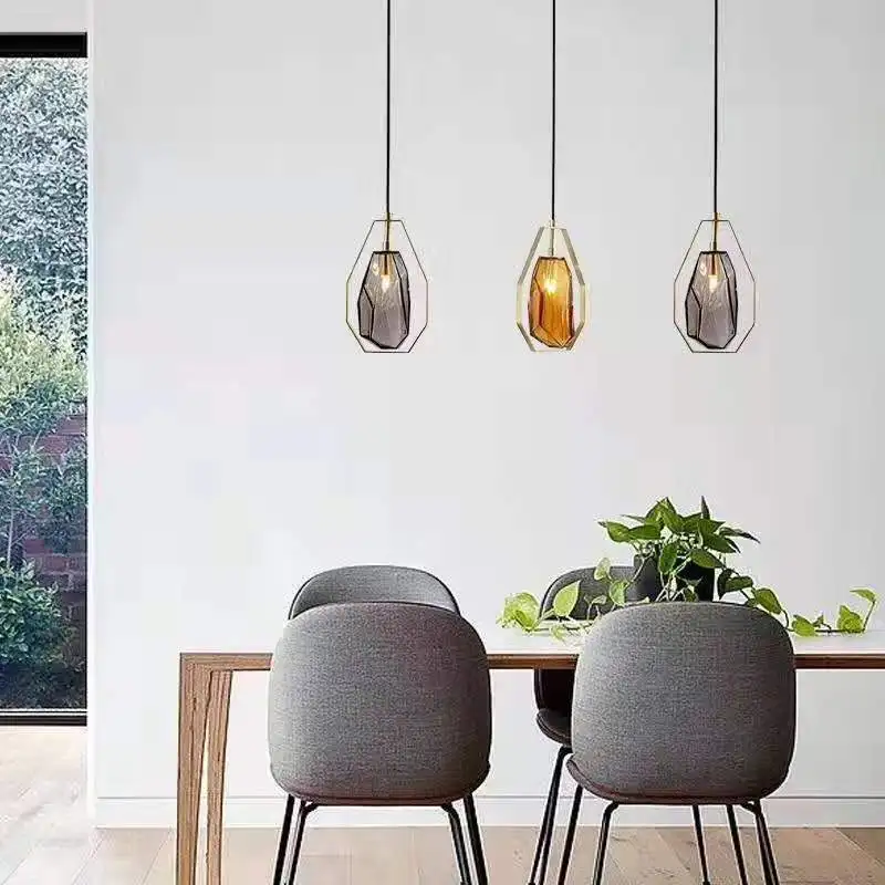 Modern irregular design amber glass single pendant lamp simple restaurant bedside decoration LED lighting polygon hanging lamp