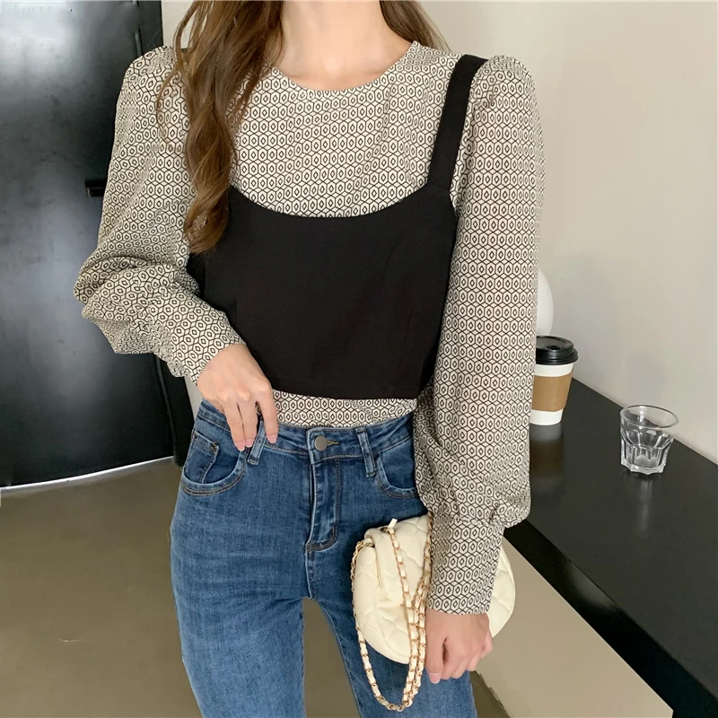 

Korean Vintage Two Pieces Women Long Sleeve Blouse Sexy Vest Casual Print Shirt 2020 New Modis Spring Summer Tops Blusas
