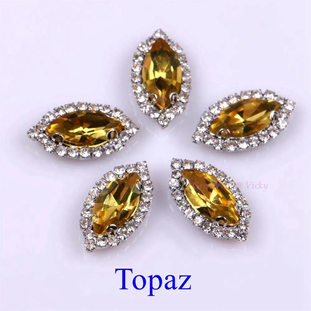 Topaz Обведено Стразы! Лошадиный глаз/стекло в форме листа Стразы со стразами с когтями пришить Strass металлическая основа с кристальным камнем 10 шт./упак - Цвет: Topaz