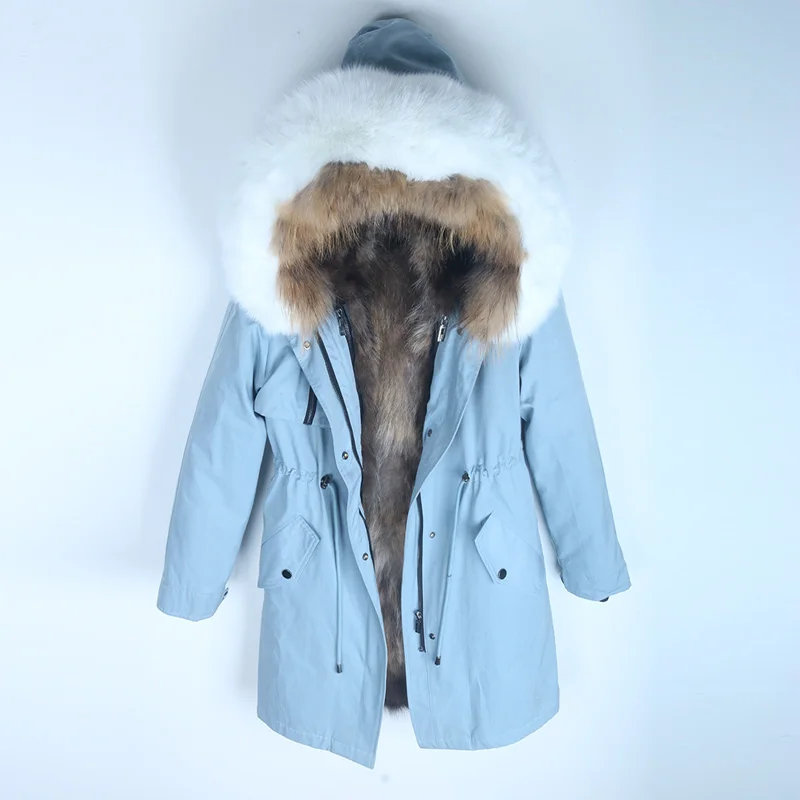 2 smoky blue coat Новинка, теплое зимнее женское пальто, куртка с подкладкой из натурального меха енота, длинная парка с воротником из натурального Лисьего меха, модная Толстая куртка - Цвет: 2 smoky blue coat