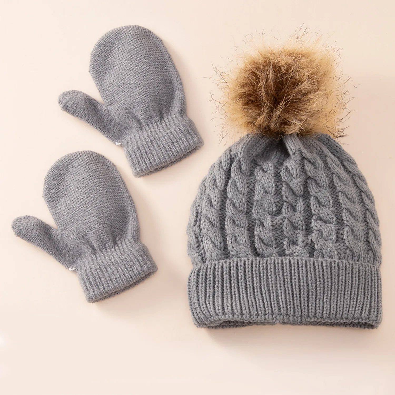 2 Pcs/Set Winter Warm Baby Boy Girl Hat Glove Set Soft Solid Color Toddler Pompom Beanie Glove Knitted Cotton Autumn Cap