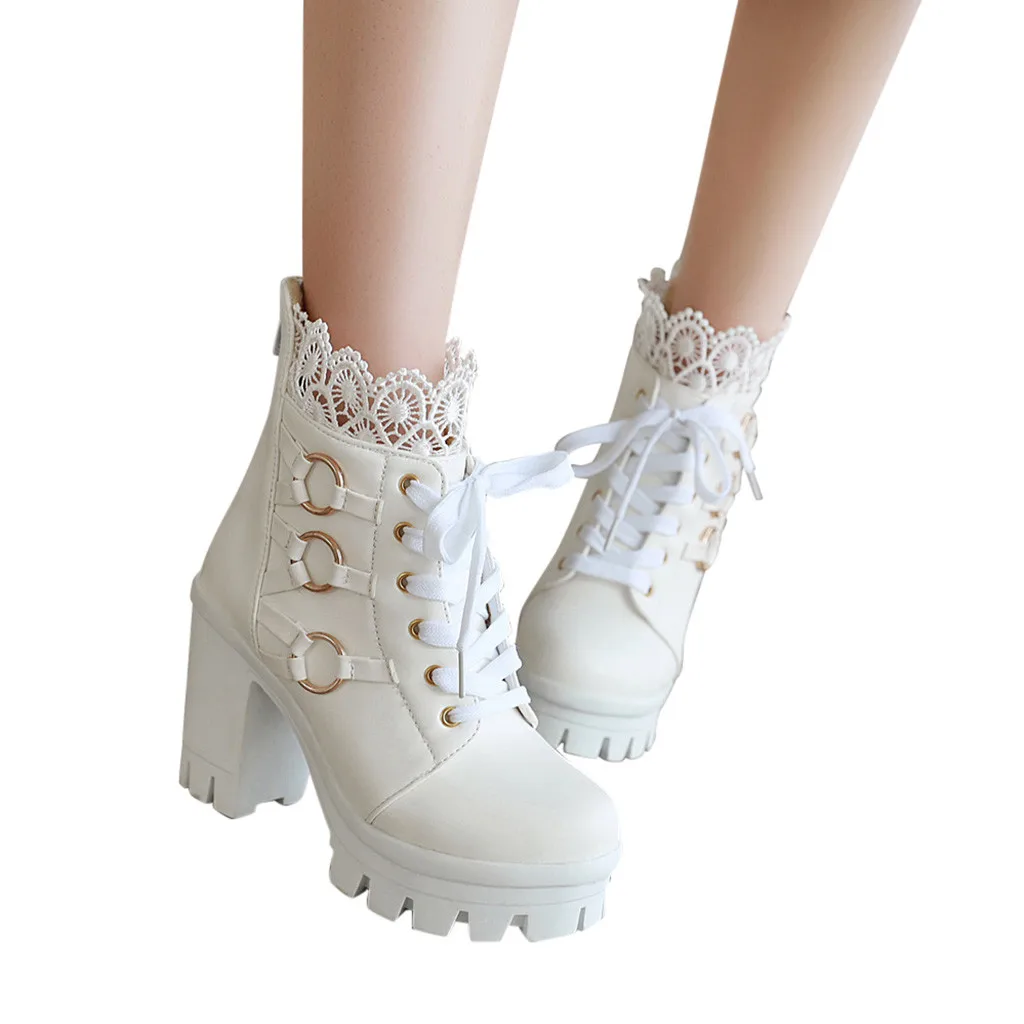 Женская обувь; обувь в готическом стиле в Корейском стиле; Модные женские зимние ботильоны на высоком каблуке с кружевом; обувь для вечеринок;# g4