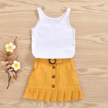 

Toddler Kids baby girl clothes Summer newborn Girls Solid Suspenders Cotton sleeveless Romper Tops+Ruffle Pocket Skirts Outfits