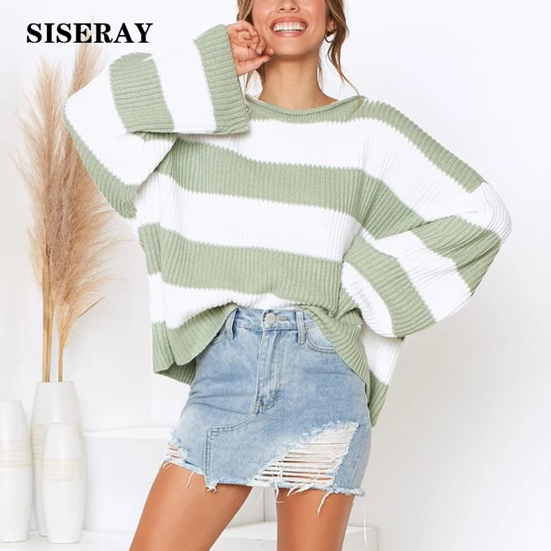 

Simple Wide Stripe Knitted Sweaters Female O Neck Loose Pullover Ladies Jumpers Streetwear Casual Women Sweaters And Pullovers