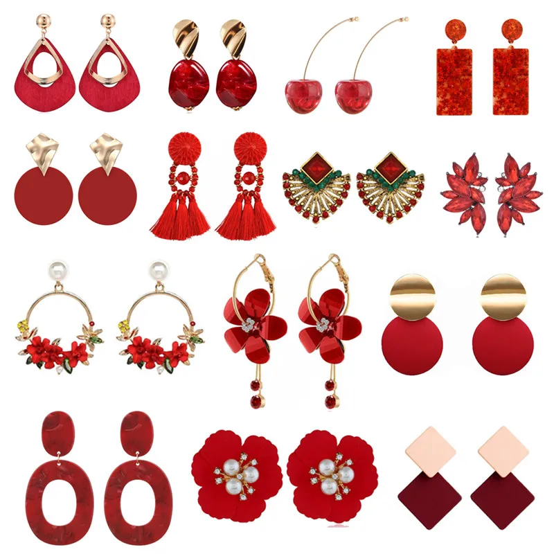 Elegant Geometric Round Red Color Sweet Drop Earrings for Women Pearl Flower Cherry Wedding Earrings Tassel Brincos Jewelry dangle earrings cherry earrings pearl earrings drop earrings flower earrings crystal tassel earrings geometric earrings