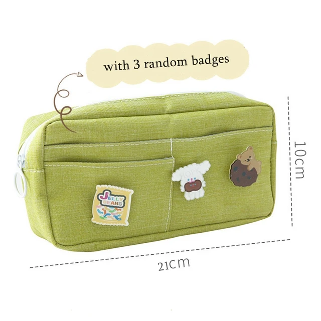 Kawaii Purple Canvas Pencil Case Cute Animal Badge Pink Pencilcases Large School Pencil Bags for Maiden Girl Stationery Supplies Forest-Green