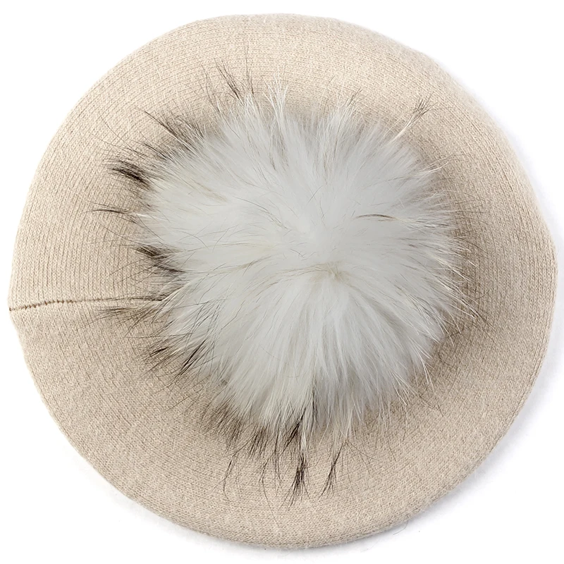 beige white Модный берет шапка сплошной цвет громоздкая зимняя во французском стиле шапки для девочек женщин леди взрослых с натуральным меховым помпоном - Цвет: beige white