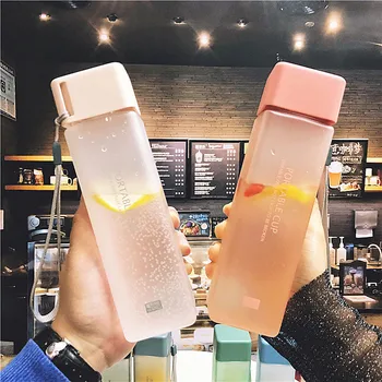 

Stylish New Square Tea Milk Juice Cup Transparent Heat-Resistant Simple with Rope 500ml Beverage Sports Water Bottles