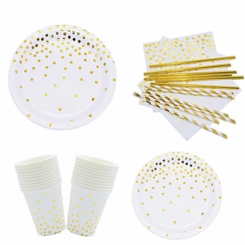 

Gold Dot Disposable Tableware Set Paper Plates Paper Cups Straws Birthday Party Decorations Kids Adult Wedding Party Supplies