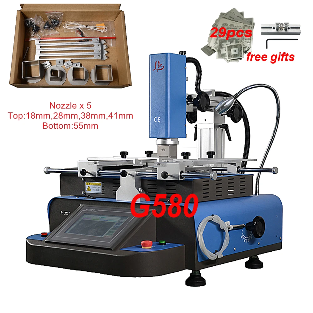 

Customised G580 Semi-automatic 3 Zones hot air BGA Rework Station 5 Nozzle bottom 4800W Touch screen Temperature control