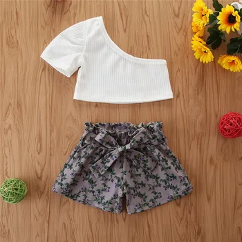 

kids baby girls Single sleeve solid tops T-shirts belt flower print shorts fashion toddler girls clothes sets 2pcs 9M-5Y