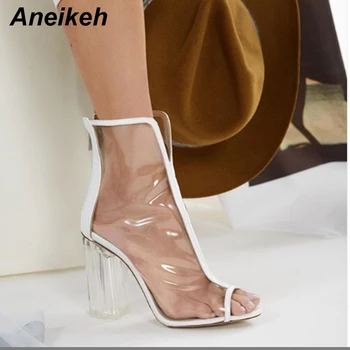 

Aneikeh PVC Boots Women Summer Shoes Transparent Peep Toe Plastic Fashion High Heel Sandals Sexy Party Wedding Square Heel Shoe