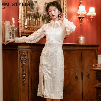 

2020 Modern Cheongsam New Qipao Classic Women Lace Chinese Dress High Quality Improve Oriental Beading Pearls 3D Flowers Dresses
