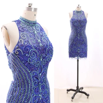 

MACloth Blue Pencil Halter Knee-Length Short Crystal Tulle Prom Dresses Dress M 268989 Clearance