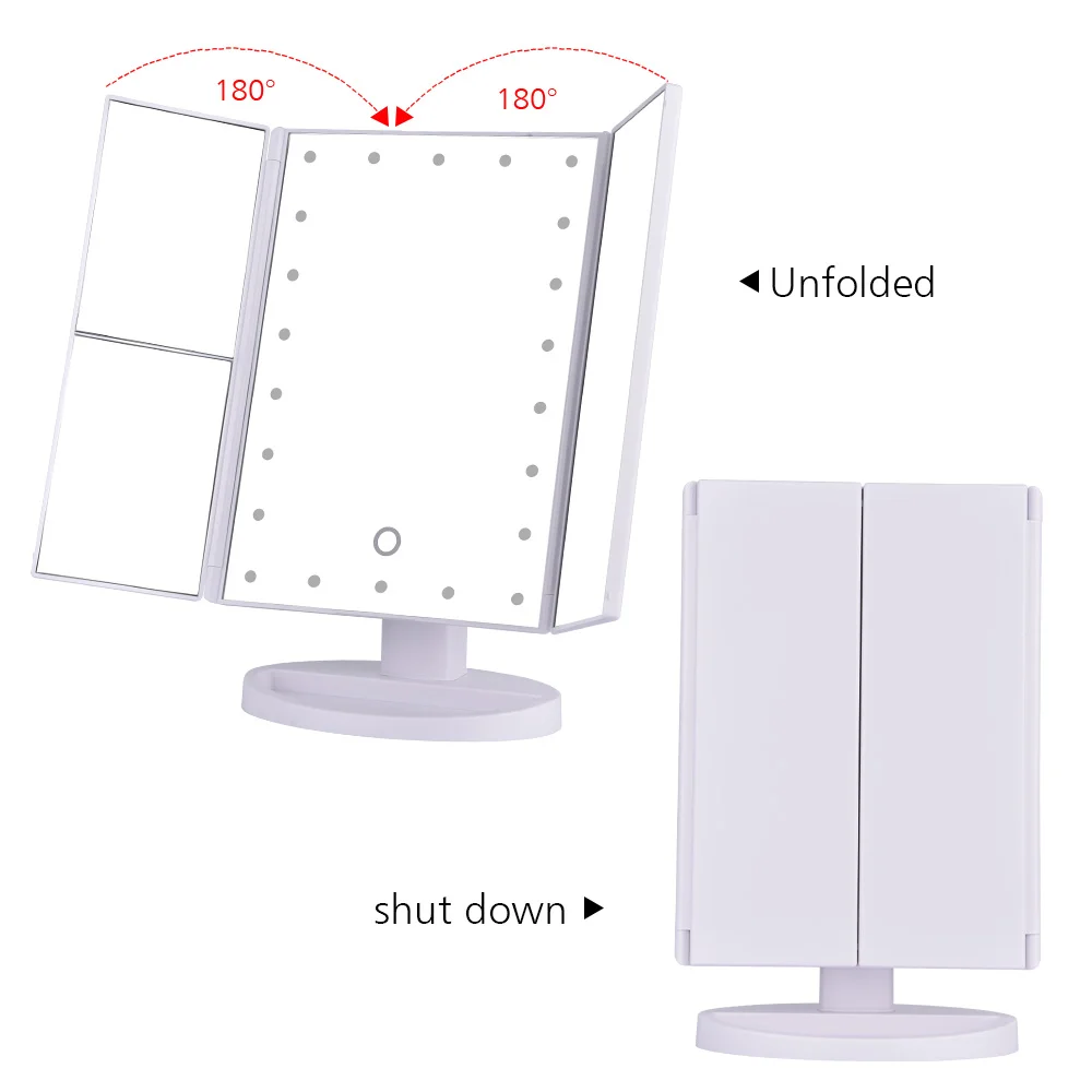 22 светильник, зеркало для макияжа, 4 в 1, косметическое складное увеличительное зеркало, вращение на 180, настольный светодиодный сенсорный экран, косметическое зеркало, maquillaje