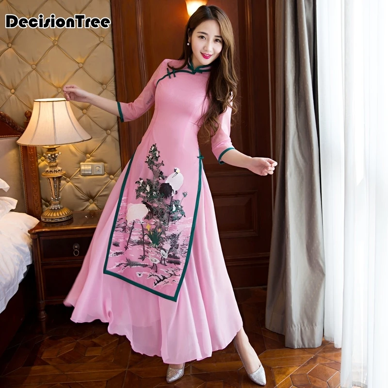 Аодай Чонсам народный стиль вьетнамский шифон аодай стоячий воротник элегантное женское китайское традиционное платье Ципао китайское платье