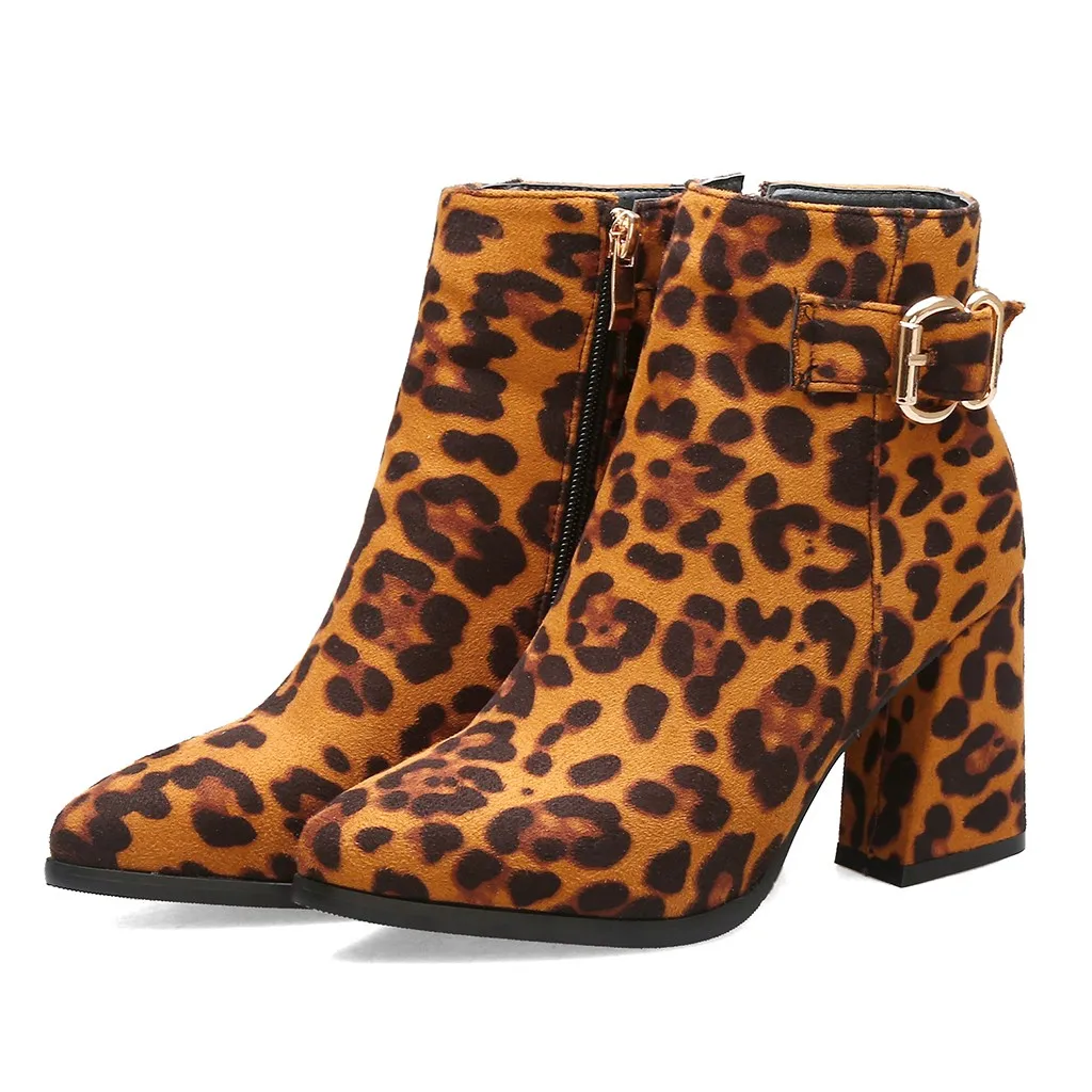 Женские зимние ботинки; женские ботинки с леопардовым принтом; короткие ботиночки на молнии с острым носком; ботильоны для женщин; botas mujer