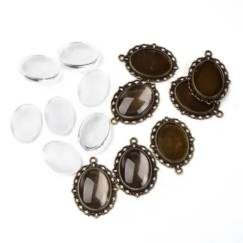 

10 Sets DIY Jewelry Pendants Cabochon Settings and Oval Clear Glass Cabochons