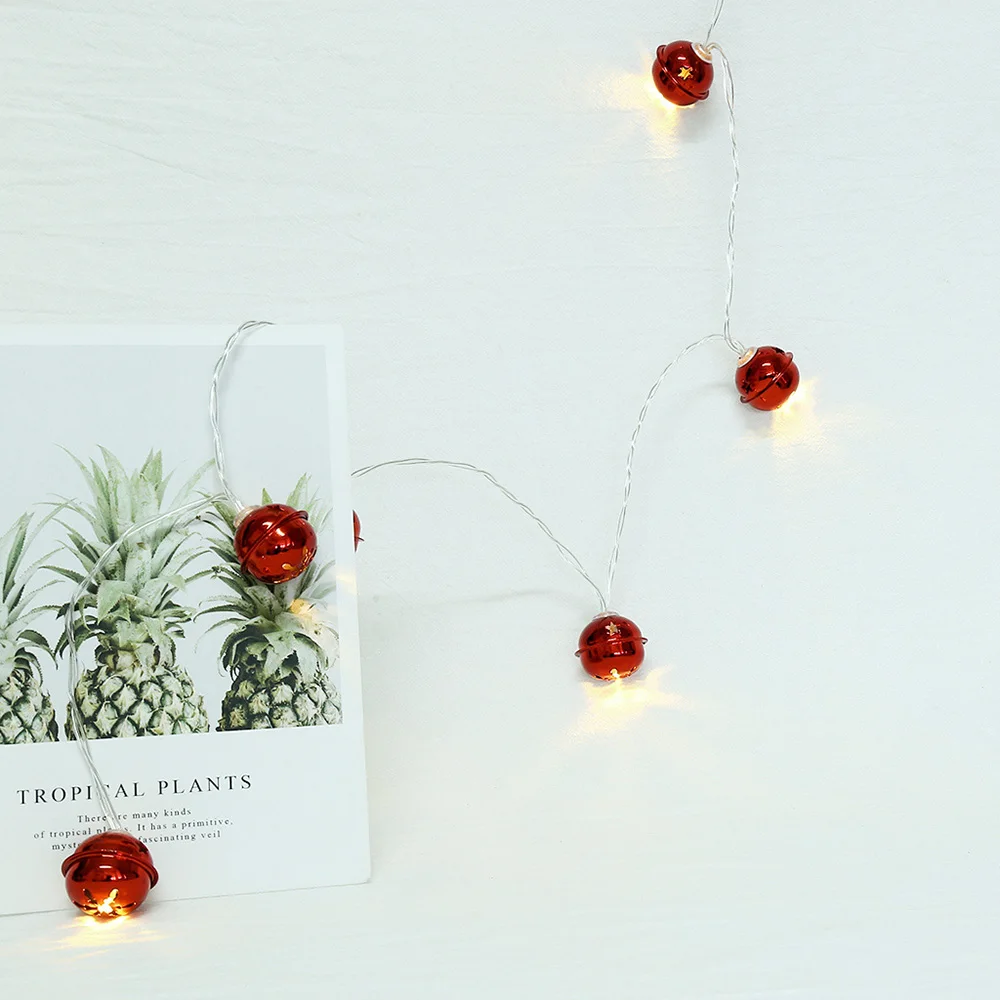New 10 LED Christmas Red Metal Bell Shape Tree Ornaments Wedding Festival Party Room Decoration Supplies Battery Power